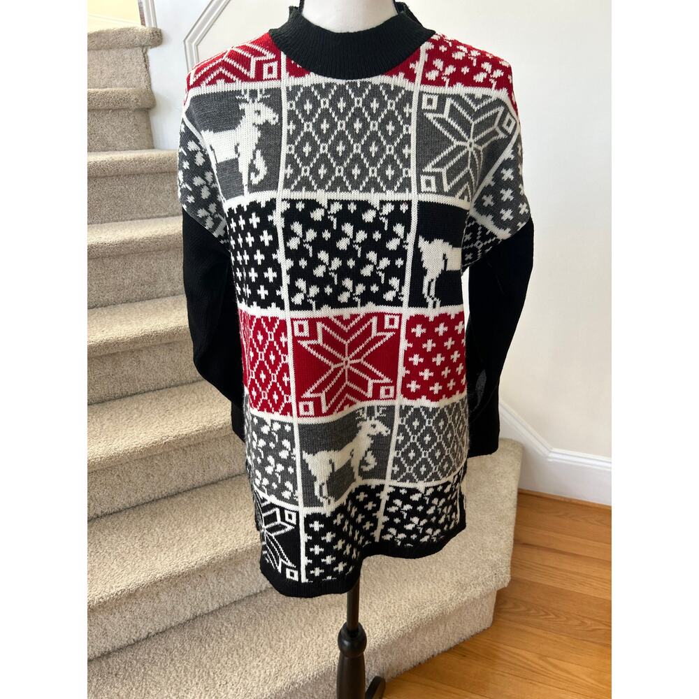 Vintage 90s Black, Red & Grey Reindeer Snowflake Patchwork Sweater